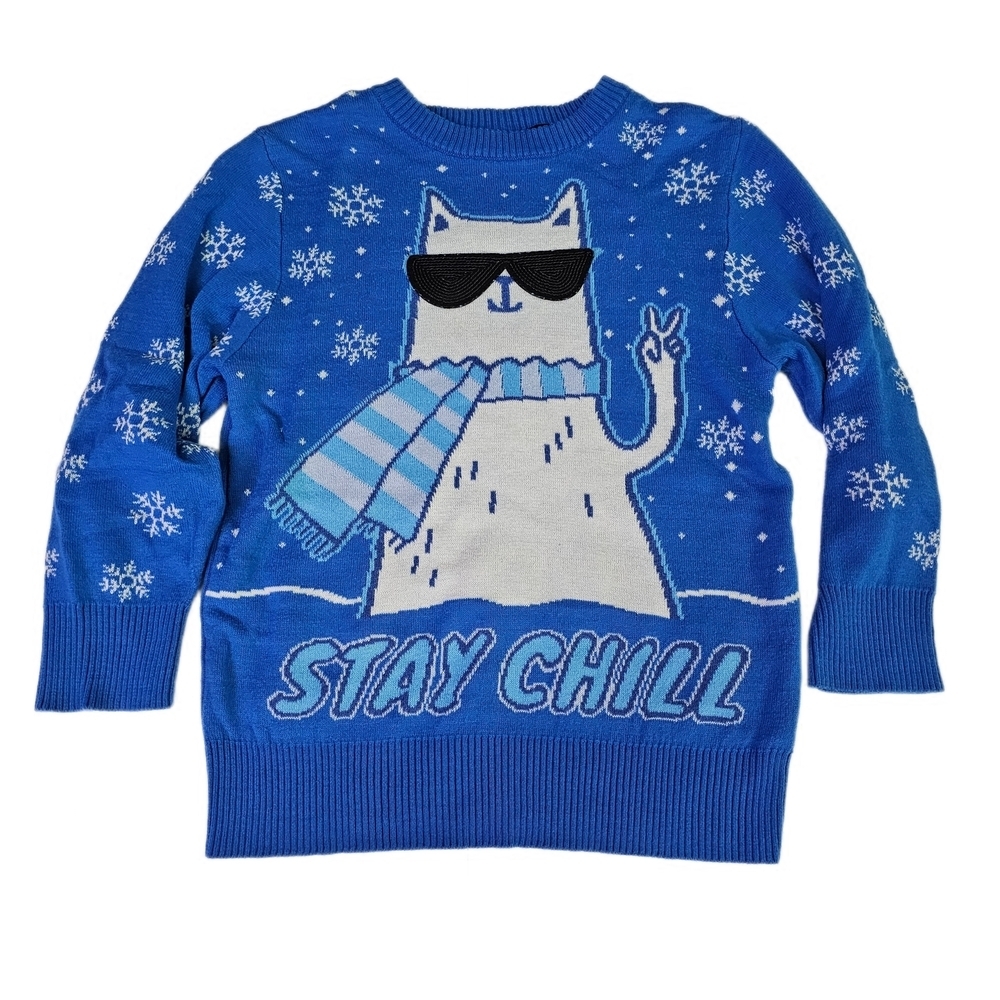 MAD Engine Christmas Sweater Winter Snow Royal Blue Knit Top With Cool Cat